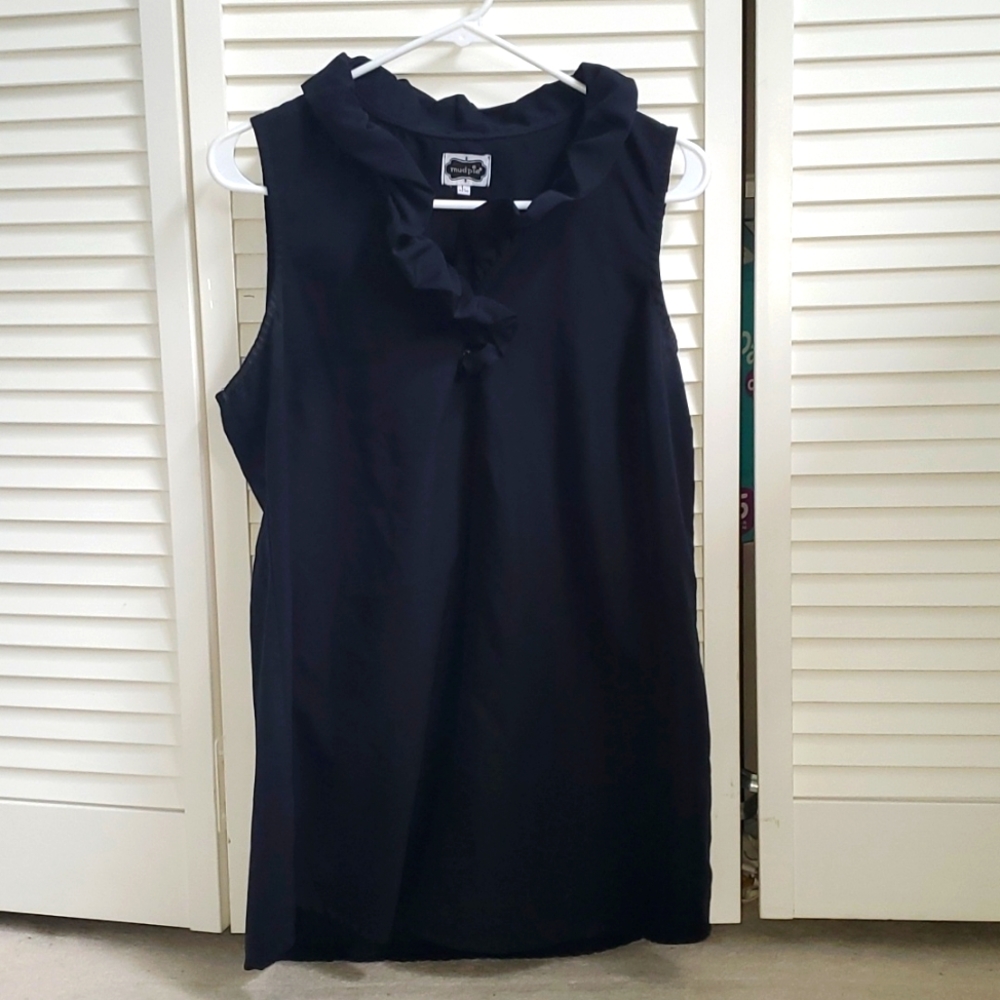 Black tunic ruffle neckline satinlike shell, large